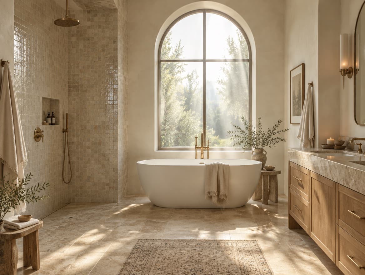 Spa bathroom with walk-in shower under an arched window