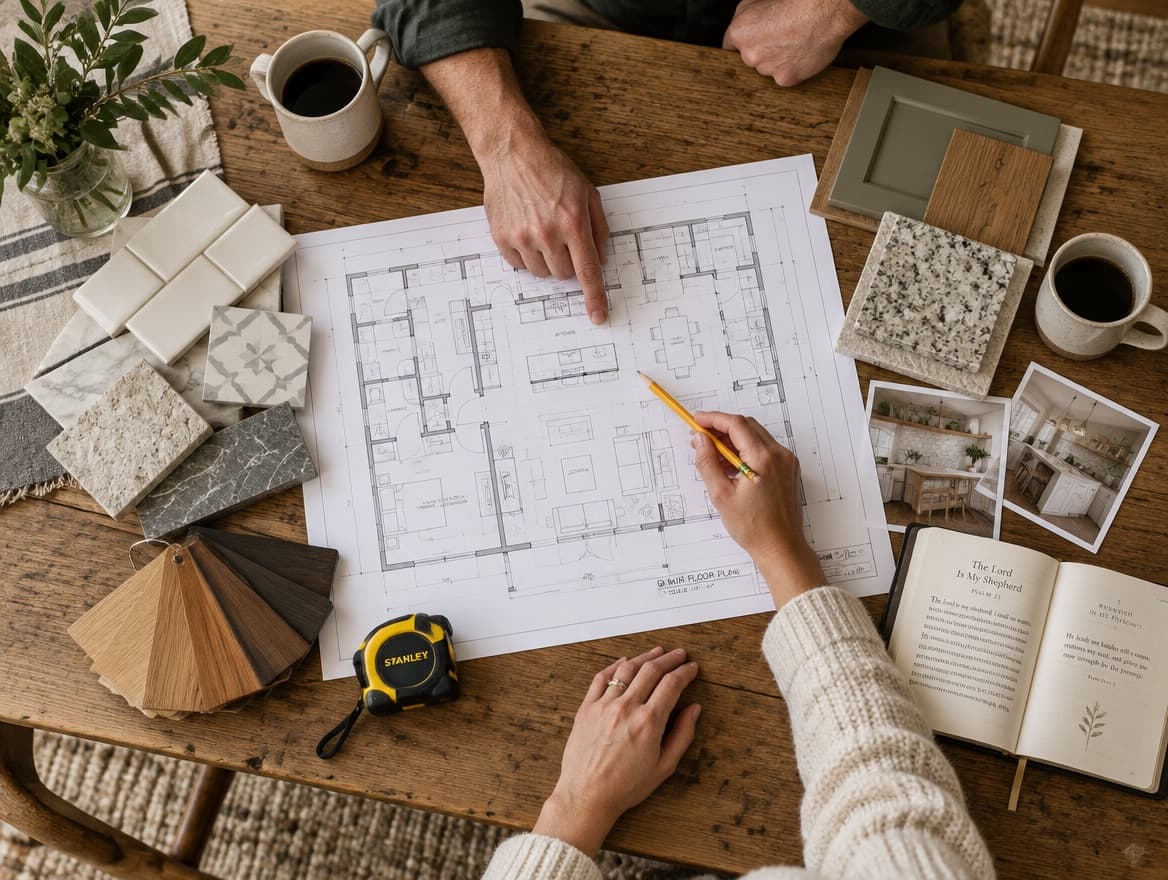 Floor plans, tile samples and wood swatches on a kitchen table during a planning consultation