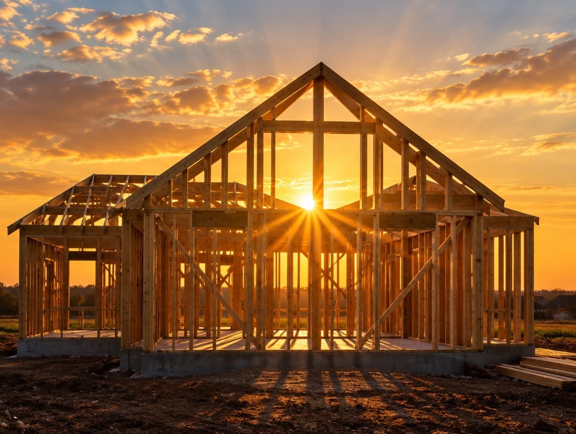 Timber framing of a new home at sunrise