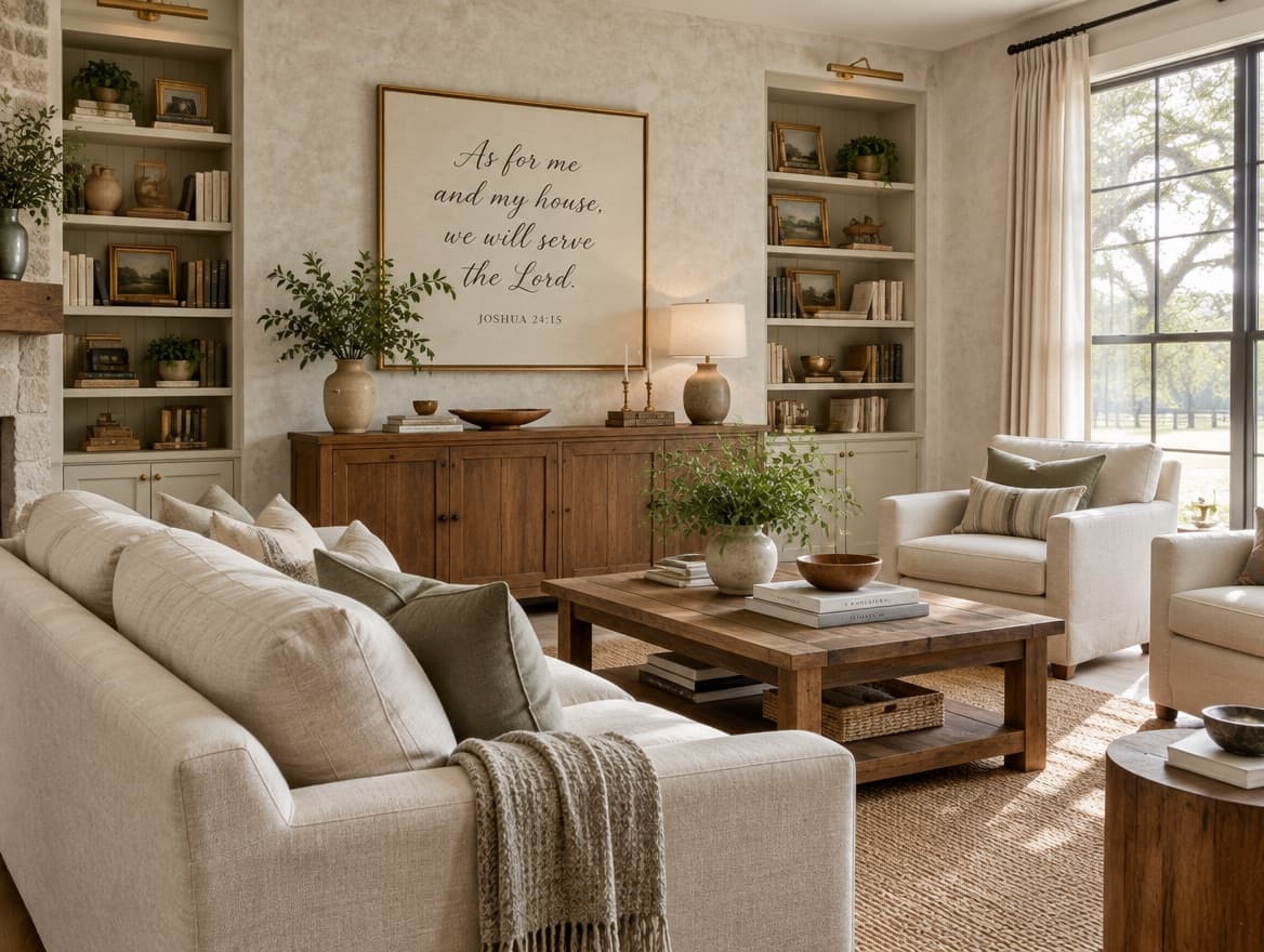 Renovated living room with a framed Joshua 24:15 calligraphy print above a walnut console