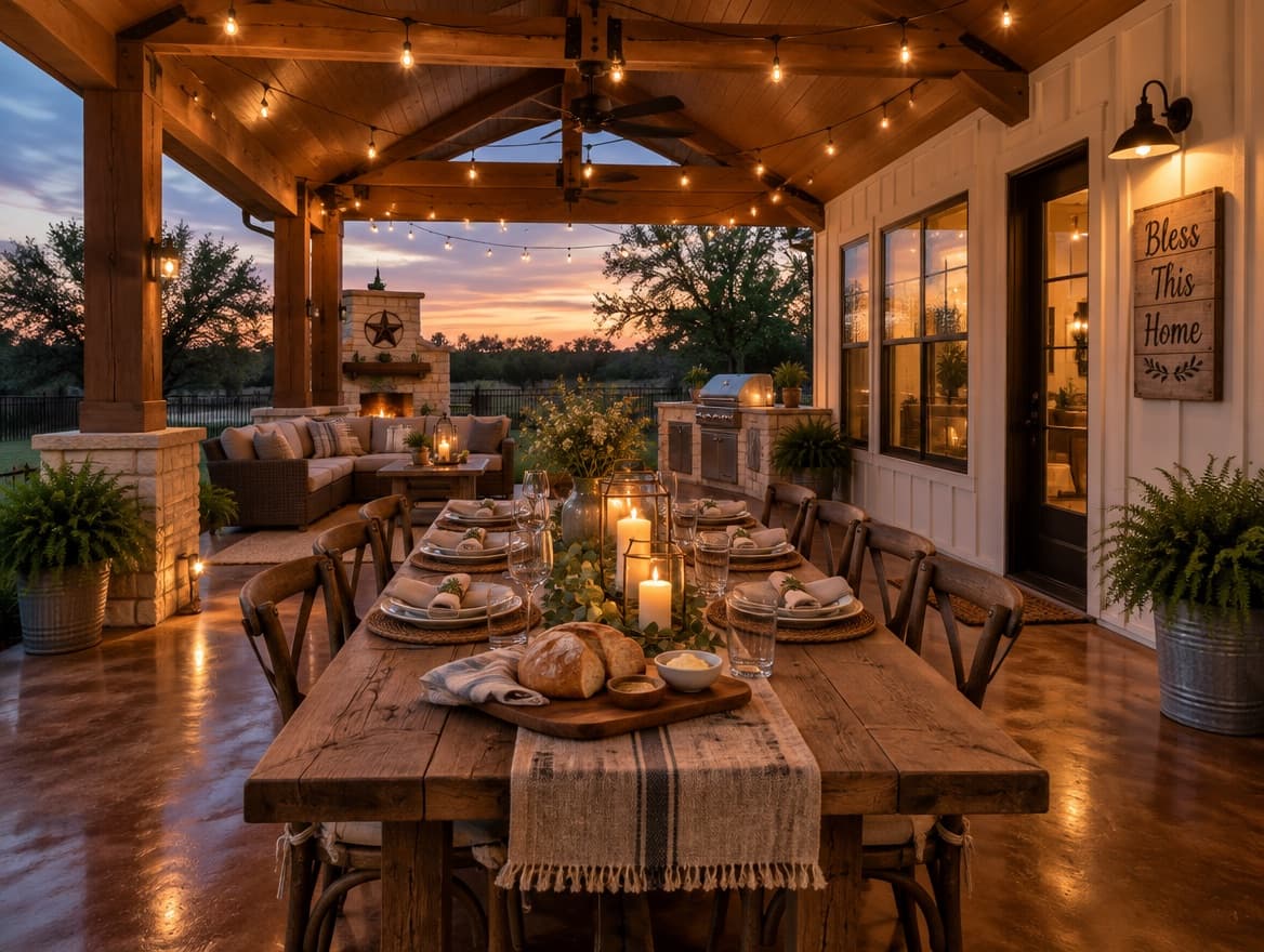 Covered porch addition with a table set for a family dinner